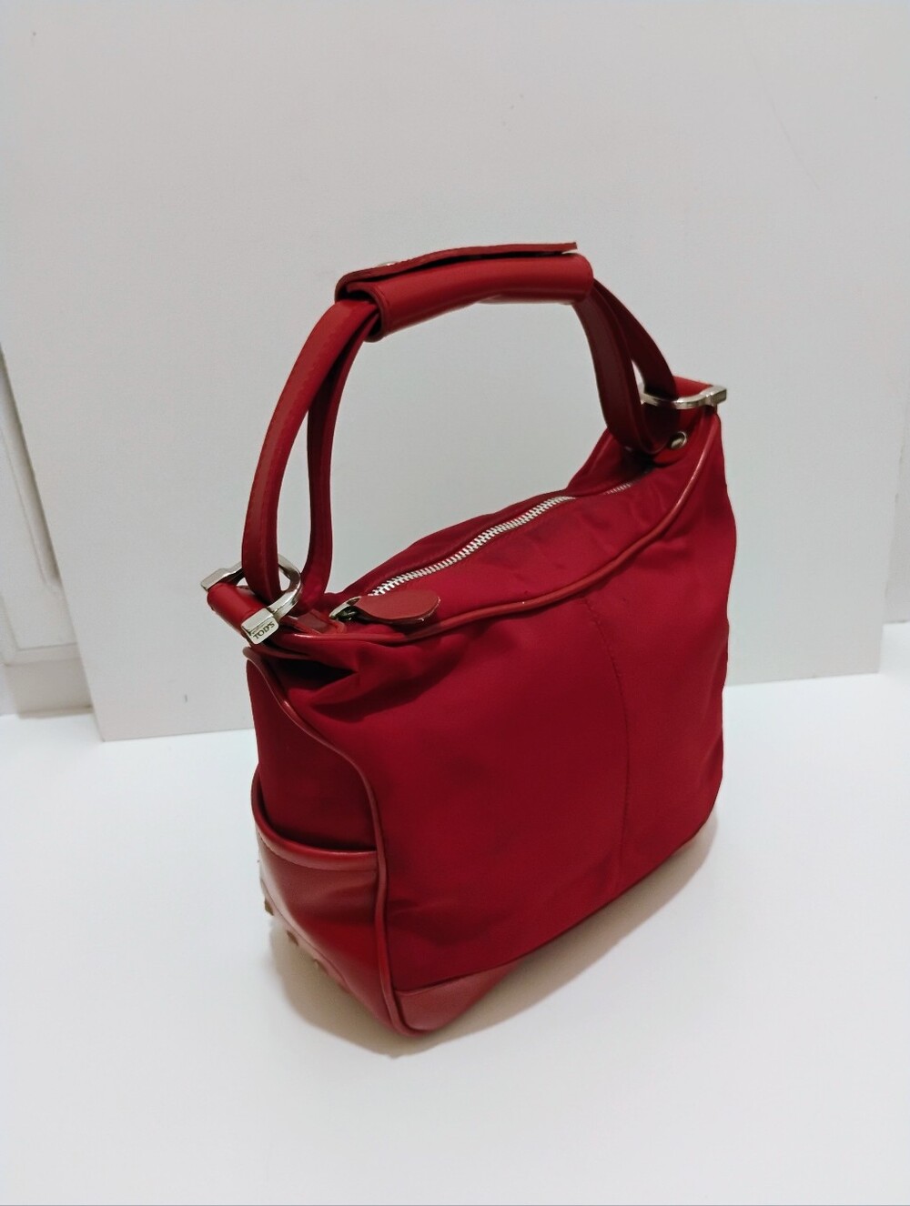 Vintage Ruby Red Tod's Leather and Canvas Handbag Purse